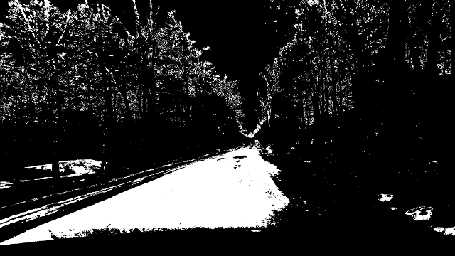 A monochrome image with the color matched areas shown in white. Most of the road has been color matched except for very wet areas near the vehicle and a very dry area about 15m in front of the vehicle. Mostly melted snow, especially on the nearby rise to the left of the road has also been matched as well as the edges of the trees where the sky shines through.